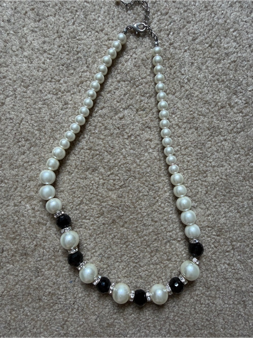 Elegant Faux Pearl Black Crystal Statement Necklace Silver Tone